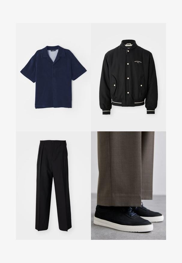 Crna bomber jakna s rebrastim ovratnikom, zatvaranjem na gumbe, dva bočna džepa i bijelim prugama na manžetama i rubu.; Tamnoplavi kratki rukav košulja od mekog materijala. Ima okrenuti ovratnik i gumbe sprijeda. Glatka tekstura bez uzoraka.; Crne plisirane hlače s ravnim širokim nogavicama. Izrađene od glatkog materijala, s dugmadi za zatvaranje i petljama za remen.; Crne nubuk tenisice s bijelim gumenim potplatima, s zaobljenim vrhom i vezicama, uparene s sivim krojenim hlačama.