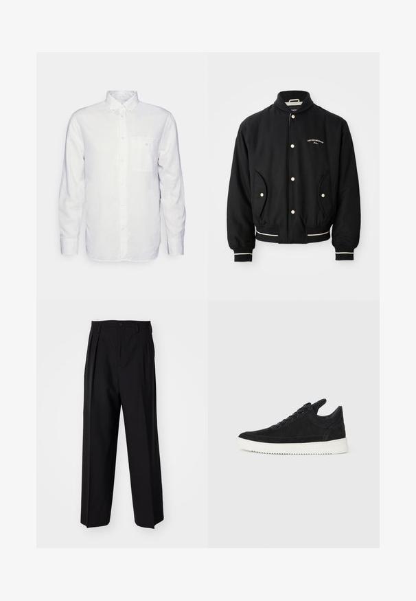 Sort bomberjakke med rillet krave, trykknaplukning, to sidelommer og hvide striber ved manchetterne og kanten.; Langærmet hvid skjorte lavet af bomuld, med en knap-down krave, brystlomme og almindelig pasform. Struktureret stof med en glat overflade.; Sorte plisserede bukser med et lige, bred ben-design. Fremstillet af glat stof, med en knaplukning og bæltesløjfer.; Sort ruskinds sneaker med en hvid gummisål, der har tonalt syet detalje og snørredesign. Glat tekstur med en moderne, strømlinet form.