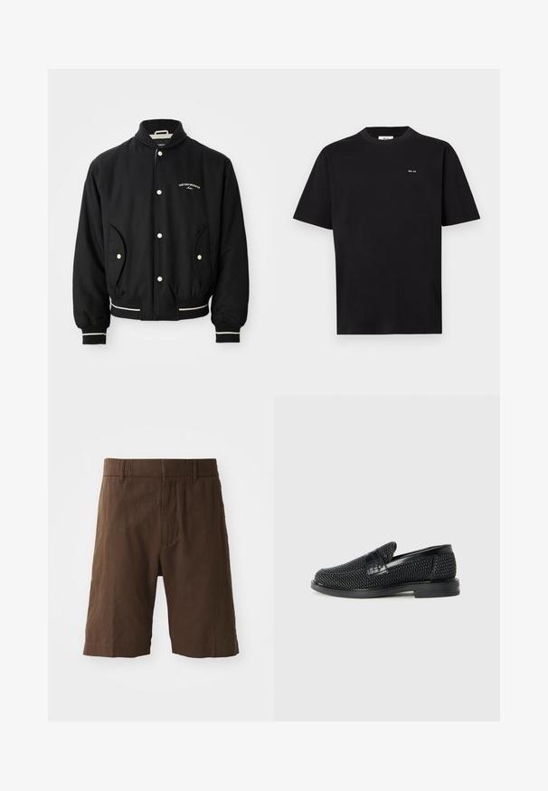Fekete bomberdzseki bordás gallérral, patentgombos záródással, két oldalsó zsebbe és fehér csíkos díszítéssel a mandzsettákon és az alján.; Fekete, rövid ujjú, kerek nyakú póló, bal mellen kicsi, fehér "NN. 07" logóval, fehér háttér előtt bemutatva.; Barna vászon rövidnadrág, amely lazán illeszkedik, rugalmas derékkal és egyenes lábakkal rendelkezik. Simább textúrájú, egyszerű, letisztult dizájn.; Fekete szőtt slip-on cipő sima bőr díszítéssel a felsőrészen, kerek orral és alacsony profilos gumitalppal.