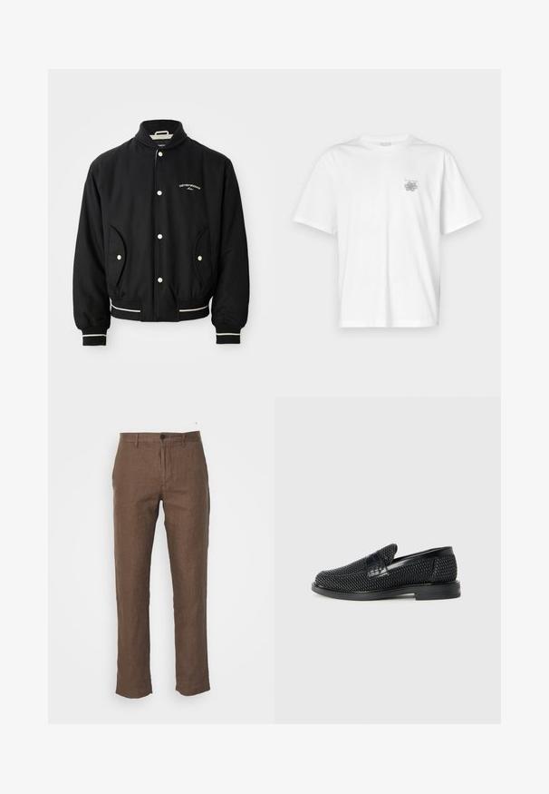 Zwarte bomberjack met een geribbeld kraag, drukknoopsluiting, twee zijzakken en witte gestreepte accenten bij de manchetten en de zoom.; Witte t-shirt van katoen met korte mouwen, een ronde hals, en een klein grijs logo op de linker borstzijde. Soepele textuur.; NN.07 THEO - Broek - brown; Zwartegeweven instap schoenen met een glad leren accent aan de bovenkant, een ronde neusontwerp en een laag profiel rubberen zool.