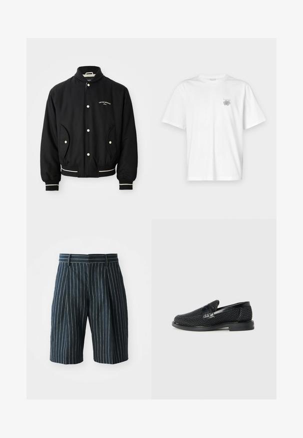 Giubbotto bomber nero con colletto a coste, chiusura a bottoni a pressione, due tasche laterali e accenti a righe bianche sui polsini e sull'orlo.; T-shirt bianca in cotone con maniche corte, colletto tondo e un piccolo logo grigio nella zona sinistra del petto. Texture liscia.; Pantaloni corti blu a righe sottili con taglio dritto, dotati di un elastico in vita e pieghe, realizzati in un tessuto strutturato. Nessuna tasca o dettaglio in metallo visibile.; Scarpa nera a mocassino intrecciata con un accentuato in pelle liscia sulla parte superiore, design a punta rotonda e suola in gomma a profilo basso.