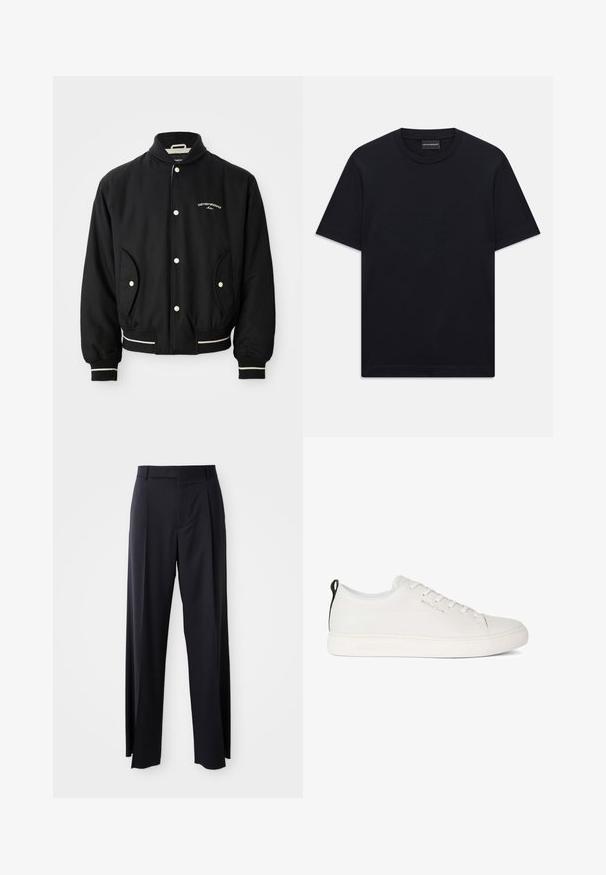 Fekete bomberdzseki bordás gallérral, patentgombos záródással, két oldalsó zsebbe és fehér csíkos díszítéssel a mandzsettákon és az alján.; Fekete, rövid ujjú, kerek nyakú póló, amelyen a mellkason finoman domború logó található, valamint egy márkás címke a nyakában.; Fekete, magasan ültetett nadrág, széles szárai vannak, sima anyagból készült. Elülső redők és övhurkok jellemzik. Minimalista dizájn, látható fémalkatrészek nélkül.; Fehér bőr sportcipő lekerekített orral, lapos gumitalppal és tónusos varrással. Felső része fűzős, hátulján fekete húzófüllel.