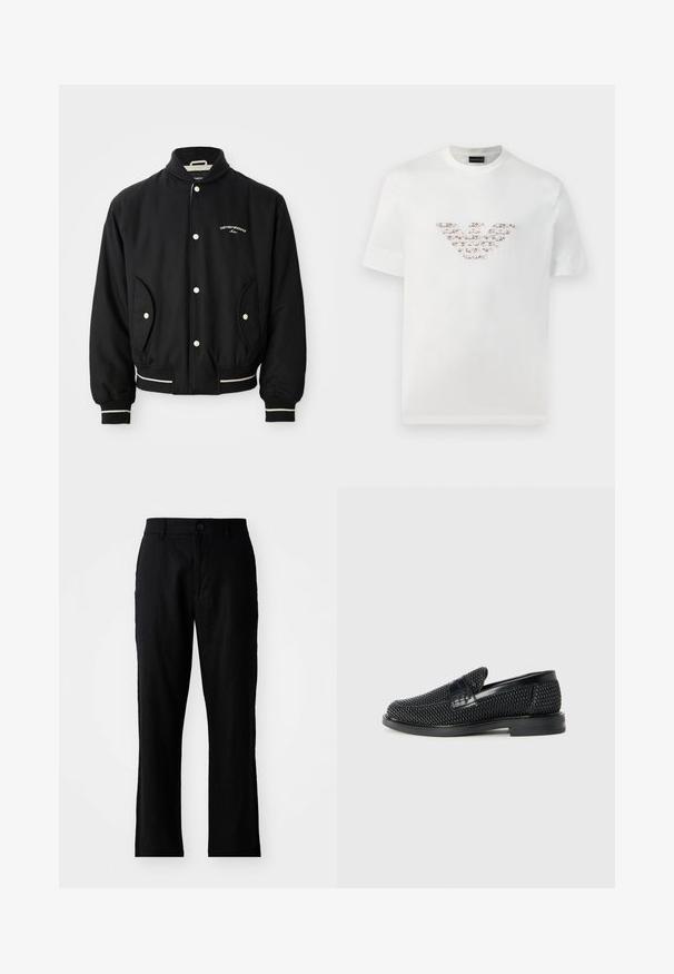 Μαύρο bomber μπουφάν με ριγέ γιακά, κλείσιμο με κουμπιά, δύο πλαϊνές τσέπες και λευκές ρίγες στους καρπούς και το στρίφωμα.; Λευκό βαμβακερό t-shirt με κοντά μανίκια και στρογγυλή λαιμόκοψη. Περιλαμβάνει ένα κεντρικό λογότυπο σε ροζ και καφέ αποχρώσεις.; Μαύρο λινό παντελόνι με ίσια εφαρμογή, που διαθέτει κλείσιμο με κουμπί και χωρίς ορατά σχέδια, λεία υφή και στάνταρ τσέπες.; Μαύρο πλεκτό παπούτσι slip-on με λείο δερμάτινο στοιχείο στο άνω μέρος, στρογγυλή μύτη και χαμηλό καουτσούκ πάτο.