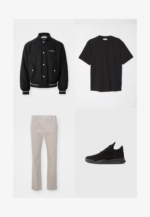 Schwarze Bomberjacke mit einem gerippten Kragen, Druckknopfverschluss, zwei seitlichen Taschen und weißen Streifenakzenten an den Bündchen und am Saum.; Schwarzes Baumwoll-T-Shirt mit Rundhalsausschnitt, kurzen Ärmeln und lockerer Passform. Einfaches Design, glatte Textur und keine sichtbaren Muster oder Logos.; Beige Corduroyhose mit vertikaler Rippstruktur, geradem Schnitt und Standardbund. Vordertaschen und Gürtelschlaufen enthalten.; Schwarze Wildleder-Sneaker mit niedrigem Profil, strukturiertem Obermaterial, flachen Schnürsenkeln und einer soliden Gummisohle mit leichtem Absatz und geschwungenem Design.