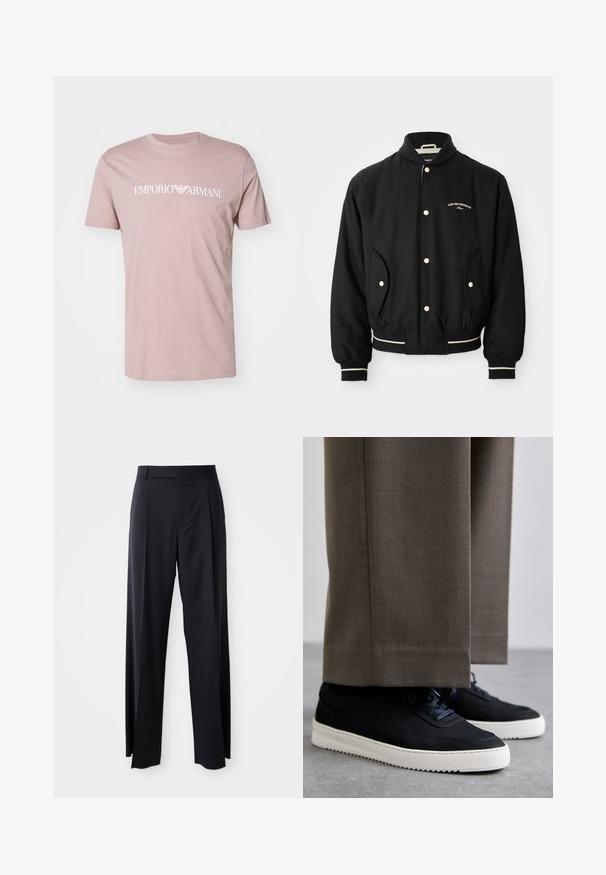 Corta-vento preto com colarinho canelado, fecho de botão de pressão, dois bolsos laterais e detalhes de riscas brancas nas mangas e na barra.; Emporio Armani T-shirt estampada - nude; Calças pretas de cintura alta, com corte amplo, feitas de um tecido suave. Apresentam pregas frontais e passadores para cinto. Design minimalista, sem hardware visível.; Sapatilhas de camurça pretas com solas de borracha brancas, apresentando um bico arredondado e atacadores, usadas com calças cinzas ajustadas.