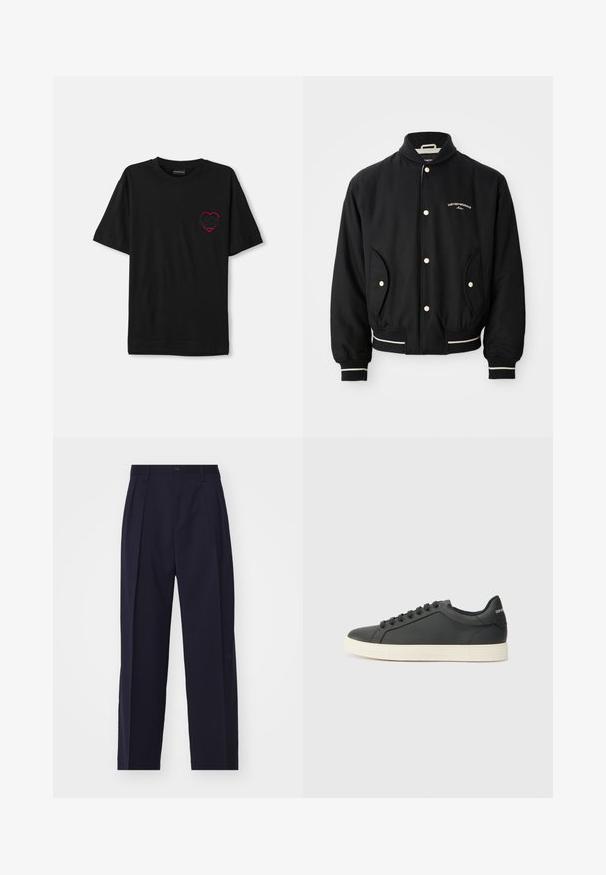 Črna bomberska jakna z rebrastim ovratnikom, zapenjanjem na gumbke, dvema stranskima žepoma in belimi črtastimi poudarki na manšetah in robu.; Črna bombažna majica s kratkimi rokavi, ki ima na levem prsnem delu rdečo vezeno srčno obliko. Klasičen kroj z okroglim izrezom, sproščenega kroja.; Mornarsko modri, krojeni hlače s ravnim krojem, z gubami spredaj, zapiranjem na gumb in brez vidnih žepov. Gladka tekstura tkanine.; Črne usnjene superge z nizkim profilom, okroglo špičko in vezalkami; vsebujejo teksturiran gumijast podplat in detajl z logotipom na peti.