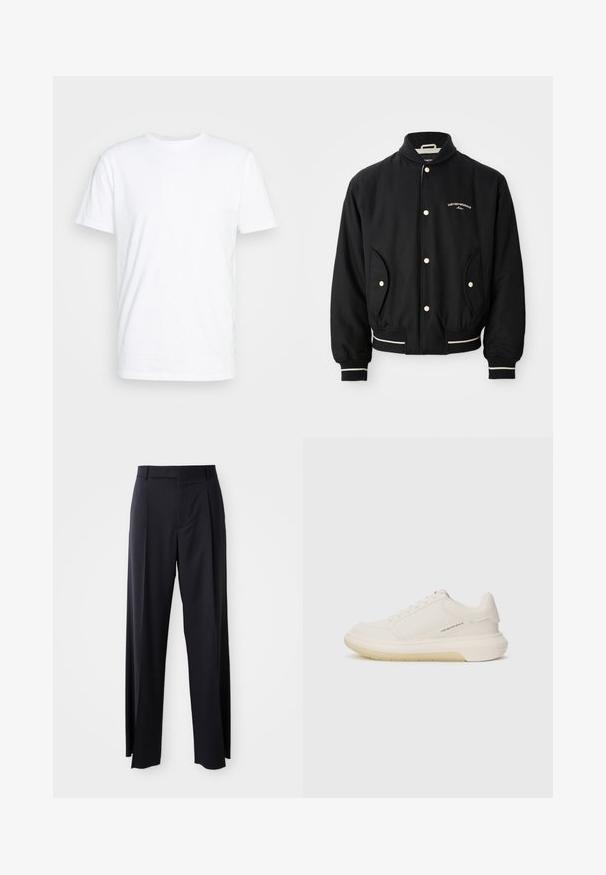 Cazadora bomber negra con cuello acanalado, cierre de botones a presión, dos bolsillos laterales y acentos de rayas blancas en los puños y el dobladillo.; Camiseta de algodón blanca con cuello redondo clásico, mangas cortas y una textura suave; sin estampados ni logotipos visibles.; Pantalones negros de tiro alto con corte de pierna ancha, confeccionados en una tela suave. Presenta pliegues en la parte delantera y trabillas para cinturón. Diseño minimalista, sin hardware visible.; Zapatillas blancas con parte superior de cuero suave, puntera redondeada y suela de goma gruesa. Presentan costuras mínimas y un sutil detalle del logo en el costado.