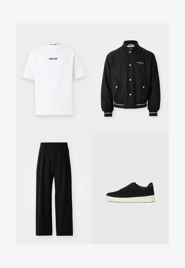 Čierna bomber bunda s rebrovaným golierom, zapínaním na patentky, dvoma bočnými vreckami a bielymi pruhmi na manžetách a dolnom okraji.; Biela tričko s krátkym rukávom a okrúhlym výstrihom, na hrudi je umiestnený malý čierny nápis "roberto cavalli".; Čierne nohavice s širokými nohavicami a hladkou textúrou, so zložením vpredu, zapínaním na gombík a bočnými vreckami. Odolná látka.; Čierne semišové tenisky s šnurovacím dizajnom a kontrastnou bielou gumovou podrážkou. Obsahujú štruktúrované bočné panely a jemné logo na päte.