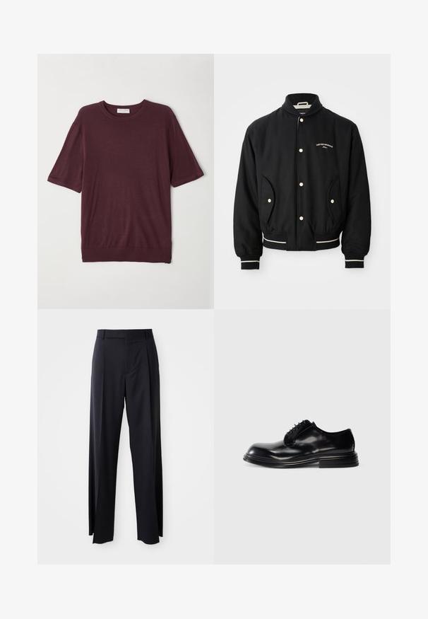 Jachetă bomber neagră cu guler texturat, închidere cu capse, două buzunare laterale și accente albe cu dungi la manșete și la tiv.; Tricou scurt cu mânecă burgundă, fabricat dintr-un material moale; are un gât rotund și o croială relaxată cu un tiv drept. Design de bază fără modele.; Pantaloni negri, cu talie înaltă și croi evazat, dintr-un material fin. Prezintă pliseuri frontale și buzunare cu curea. Design minimalist, fără accesorii vizibile.; Pantof cu toc din piele neagră, cu vârf rotunjit, finisaj neted, design cu șireturi și toc stratificat. Stil minimalist fără logo-uri vizibile.