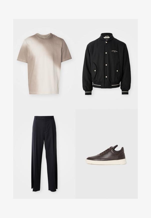 Schwarze Bomberjacke mit einem gerippten Kragen, Druckknopfverschluss, zwei seitlichen Taschen und weißen Streifenakzenten an den Bündchen und am Saum.; Beige Baumwoll-T-Shirt mit einem Farbverlaufseffekt, kurzen Ärmeln und Rundhalsausschnitt. Sanfte Textur, lässiges Design und ohne sichtbare Hardware.; Schwarze, hoch taillierte Hose mit weitem Bein, aus glattem Stoff. Verfügt über vorne gelegte Falten und Gürtelschlaufen. Minimalistisches Design, ohne sichtbare Beschläge.; Dunkelbraune, strukturiert Leder-Sneaker mit Schnürung und weißer, gerippter Gummisohle vor einem schlichten, hellen Hintergrund.