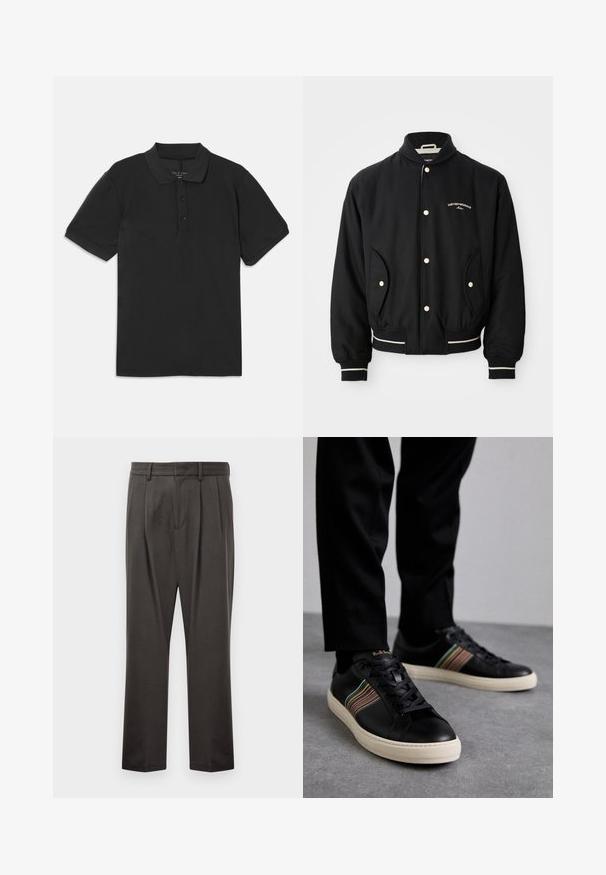 Čierna bomber bunda s rebrovaným golierom, zapínaním na patentky, dvoma bočnými vreckami a bielymi pruhmi na manžetách a dolnom okraji.; Čierna polo košeľa s krátkymi rukávmi, golierom a zapínaním na tri gombíky. Vyrobená z hladkej, ľahkej látky, s klasickým dizajnom.; Tmavo sivé nohavice vyrobené z textúrovanej tkaniny, s plochým predným dielom, prešiami, rovným strihom a pútkami na opasok. Bez viditeľného kovania alebo vzorov.; Čierne kožené tenisky s multicolor pruhovanými akcentmi, okrúhlou špičkou a bielymi gumovými podrážkami, s šnurovacím dizajnom a embosovanou značkou.