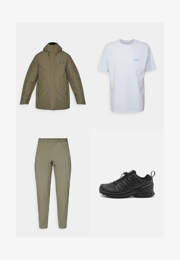 Olivovo zelená zimná bunda s kapucňou, prednými vreckami na zips a vreckom na hrudi. Má hladkú textúru a nastaviteľné šnúrky na kapucni.; Biely bavlnený tričko s krátkymi rukávmi, okrúhlym výstrihom a náprsné vrecko na ľavej strane so modrým logom "Patagonia". Klasický strih s hladkou textúrou.; Svetlo olivovo zelené nohavice s hladkou textúrou, zúženým strihom, pútka na opasok a jedným gombíkom na zapínanie v páse.; Čierna športová obuv so štruktúrovaným syntetickým zvrškom, polstrovanou podrážkou a rýchlozaviazaním. Obsahuje zosilnenú špičku a pätu.