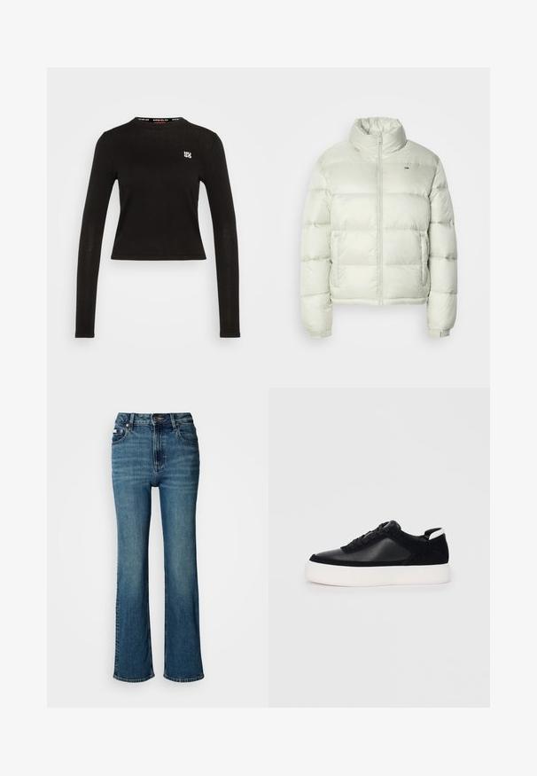 Svetlozelená puffová bunda s vysokým golierom, predným zipsom a horizontálnym prešívaným vzorom. Obsahuje logo na hrudi a elastické manžety.; Čierny top s dlhým rukávom vyrobený z rebrovanej látky. Má okrúhly výstrih a biele logo na ľavej hrudi. Skosený lem.; Džínsy s vysokým pásom, vyrobené z denimu, s rovnými nohavicami, jemným vyblednutím a štandardným zapínaním na gombík a zips.; Čierne tenisky s hladkou kožou a semišovými panelmi, plochými šnúrkami, zaoblenou špičkou a bielou gumovou podrážkou. Výrazné logo na päte.