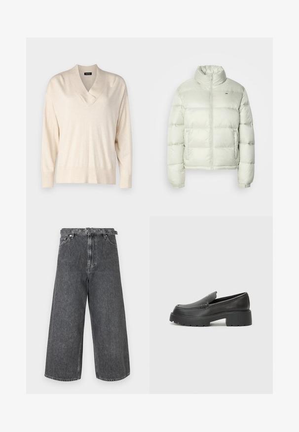 Lichtgroene pufferjack met een hoge kraag, ritssluiting aan de voorkant en een horizontaal gestikt patroon. Bevat een logo op de borst en elastische manchetten.; Beige trui met een V-hals en lange mouwen. Gemaakt van zachte, lichte stof. Heeft een ontspannen fit en ribben aan de mouwen en onderkant.; Wijde jeans in donkergrijze denim. Hoge taille met een knoop- en ritsluiting, afgewerkte zoom en subtiele vervaging.; Zwarte leren instappers met een ronde neus, dikke getextureerde zool en minimale stikseldetails. Strak ontwerp zonder zichtbare veters of hardware.