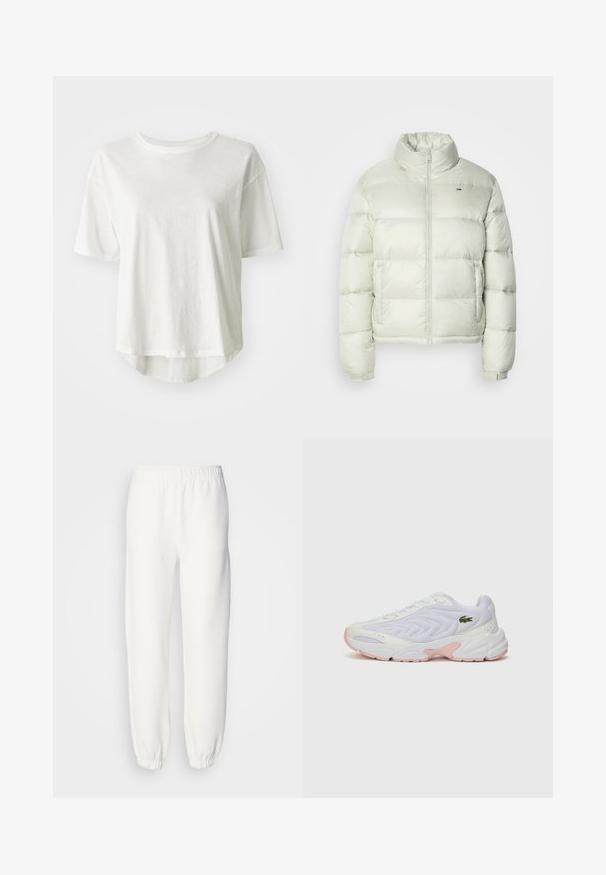 Lysegrønn pufferjakke med høy krage, frontglidelås og horisontalt kviltet mønster. Har logo på brystet og elastiske mansjetter.; Hvit kortermet t-skjorte, rund hals, lett materiale, litt lengre bakre søm, glatt tekstur med en subtil glans.; Hvite joggebukser laget av myk, strikket stoff. Elastisk midje og mansjetter gir en avslappet passform. Minimalistisk design, ingen synlige mønstre eller detaljer.; Hvite joggesko med et teksturert mesh-overdel, subtile rosa detaljer på sålen, og en grønn krokodillelogo på siden.