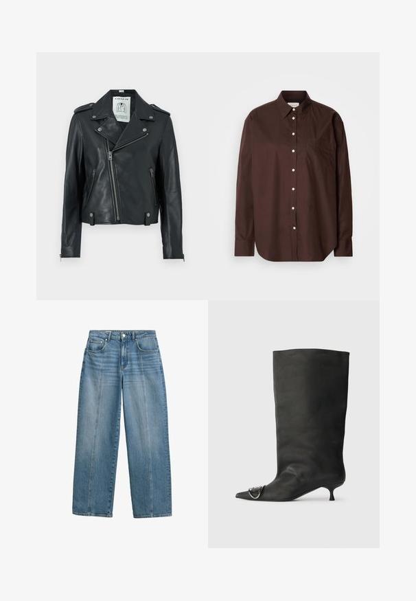 COACH MOTO JACKET - Nahkatakki - black; Ruskea napillinen paita puuvillakankaasta, jossa on pitkät hihat, rintatasku, valkoiset napit ja perinteinen kauluksen muoto.; Vaaleansiniset farkut, joissa on leveä lahje ja korkea vyötärö. Ominaisuuksiin kuuluu klassinen viiden taskun muotoilu ja ommellut etupaneelit lisäyksityiskohtia varten.; Musta nahkainen nilkkabootsi, jossa on terävä kärki, pieni korko ja metallinen korostus kärjessä. Pehmeä, mattapintainen rakenne kauttaaltaan.