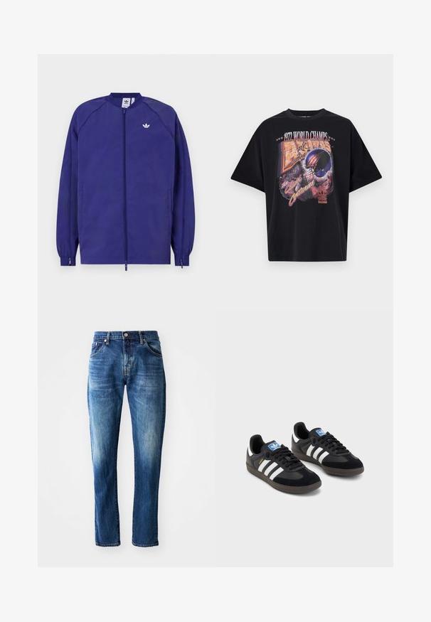 Ljubičasta lagana jakna s patentnim zatvaračem, elastičnim rukavima i malim bijelim logotipom na prsima. Glatka tekstura i ležeran dizajn.; Crna pamučna majica s grafičkim printom koji prikazuje "1972. WORLD CHAMPS," dizajn kacige i "The Clash of Centuries" u živopisnim bojama.; Tamno plave traperice s ravnim nogavicama, pet džepova, izblijedjelim detaljima i prednjim zakopčavanjem s patentnim zatvaračem.; Crne tenisice s gornjim dijelom od antilopa i sintetičkog materijala, s tri bijele pruge, teksturiranom gumenom potplatom i plavom oznakom na jeziku.