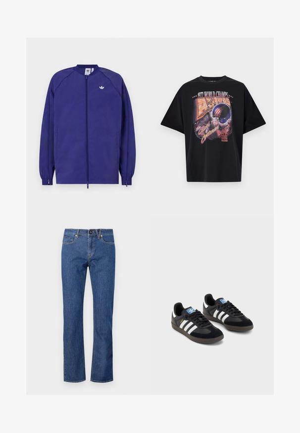 Giacca leggera viola con chiusura a zip, polsini elastici e un piccolo logo bianco sul petto. Texture liscia e design informale.; T-shirt nera in cotone con una stampa grafica che presenta "1972 WORLD CHAMPS," un design con casco e "The Clash of Centuries," in colori vivaci.; Jeans in denim blu a gamba dritta con chiusura a bottone, passanti per cintura e cinque tasche con dettagli di cucitura discreti.; Sneakers neri con tomaia in suede e materiale sintetico, caratterizzati da tre strisce bianche, suola in gomma testurizzata e etichetta blu sul linguetta.