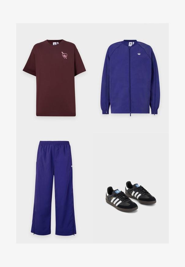 Casaco leve roxo com fecho de correr, punhos elásticos e um pequeno logótipo branco no peito. Textura suave e design casual.; T-shirt de algodão burgundy com decote redondo e mangas curtas. Apresenta um gráfico de um coração rosa com uma seta na área do peito esquerdo.; Calças de desporto leves em roxo, com um cós elástico e fechos laterais perto das bainhas. Textura suave com um brilho subtil.; Sneakers pretos com parte superior em camurça e sintético, apresentando três riscas brancas, sola de borracha texturizada e etiqueta azul no linguete.