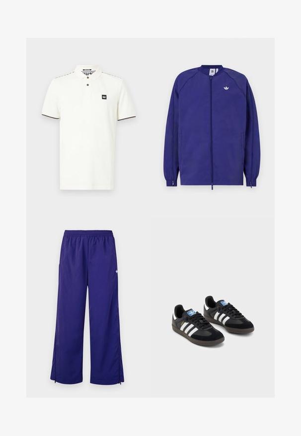 Lila, könnyű dzseki cipzárral, elasztikus mandzsettákkal és egy kis fehér logóval a mellrészen. Sima textúra és laza dizájn.; Fehér, pamut anyagú pólóing, gallérral, két barna gombbal és fekete logóval a mellkasán. Barna kiegészítőkkel díszítve.; Lila, könnyű sportnadrág elasztikus derékrésszel és oldalsó cipzárakkal a szárak közelében. Sima textúra, enyhe fényességgel.; Fekete sportcipők, velúrból és szintetikus anyagból készült felsőrésszel, három fehér csíkkal, textúrázott gumitalppal és kék logó címkével a nyelvén.