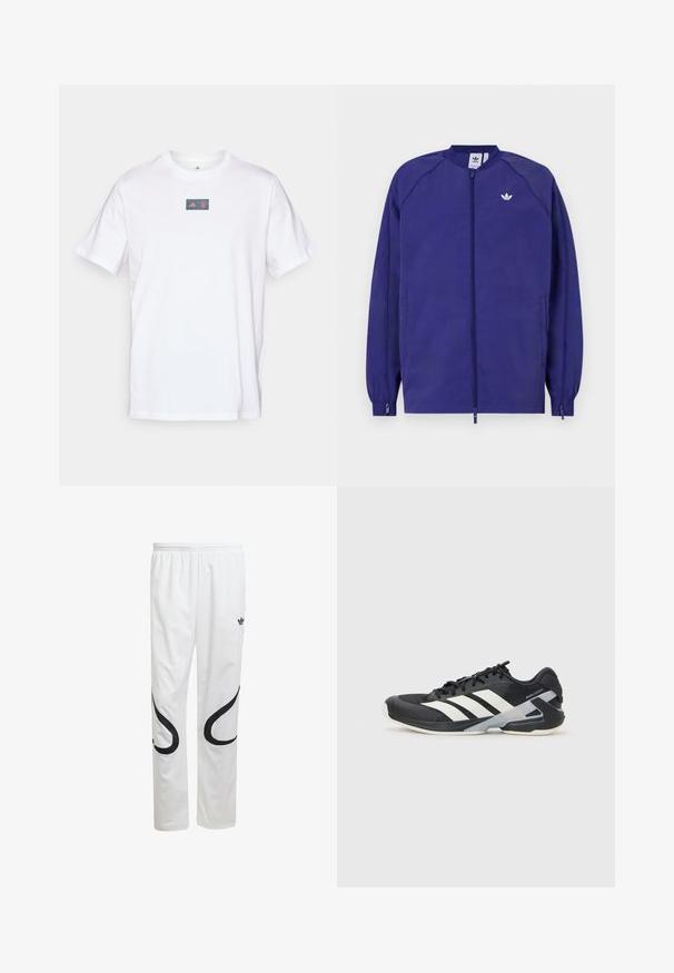 Veste légère violette avec une fermeture éclair, des poignets élastiques et un petit logo blanc sur la poitrine. Texture lisse et design décontracté.; T-shirt en coton blanc avec un col rond. Présente un logo rectangulaire avec un design rouge et bleu sur la poitrine. Manches courtes. Coupe standard.; Pantalons de sport blancs avec une texture lisse, présentant des motifs courbés noirs sur les côtés et un logo noir près de la taille.; Chaussure de sport noire avec des rayures blanches, tige en mesh, bout arrondi et semelle rembourrée. Comprend un talon texturé et un système de laçage sécurisé.