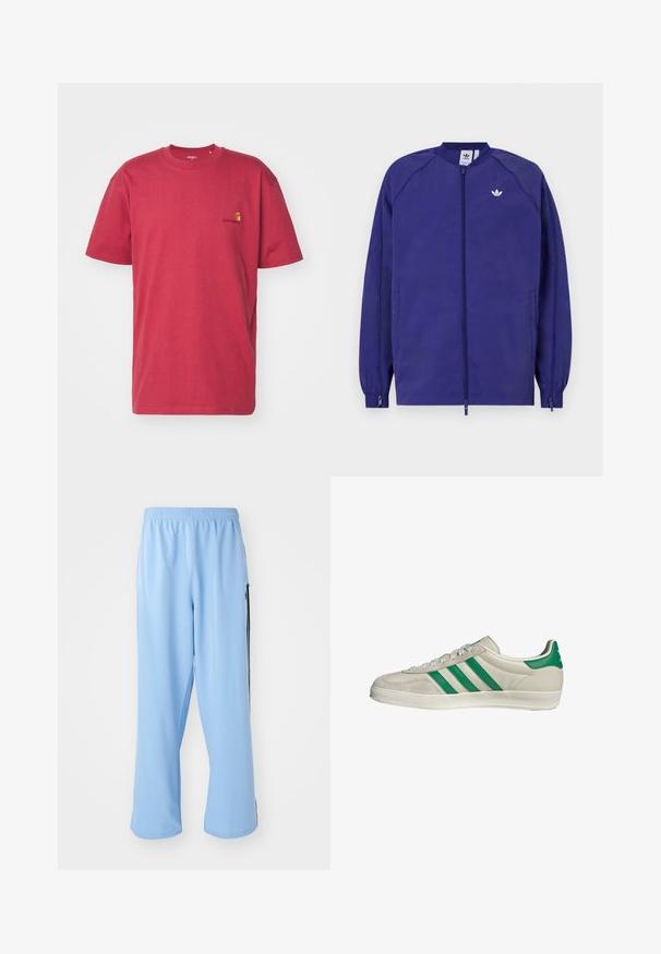 Paarse lichtgewicht jack met een ritssluiting, elastische manchetten en een klein wit logo op de borst. Gladde textuur en casual ontwerp.; Carhartt WIP AMERICAN SCRIPT - T-shirt basic - tuscany; Lichtblauwe sportbroek gemaakt van gladde stof, met een elastische tailleband en contrasterende zwarte zijstrepen.; Beige sneaker met groene strepen, voorzien van een witte zool en een bovenkant van glad leer. Zijaanzicht dat de veters en het logo benadrukt.