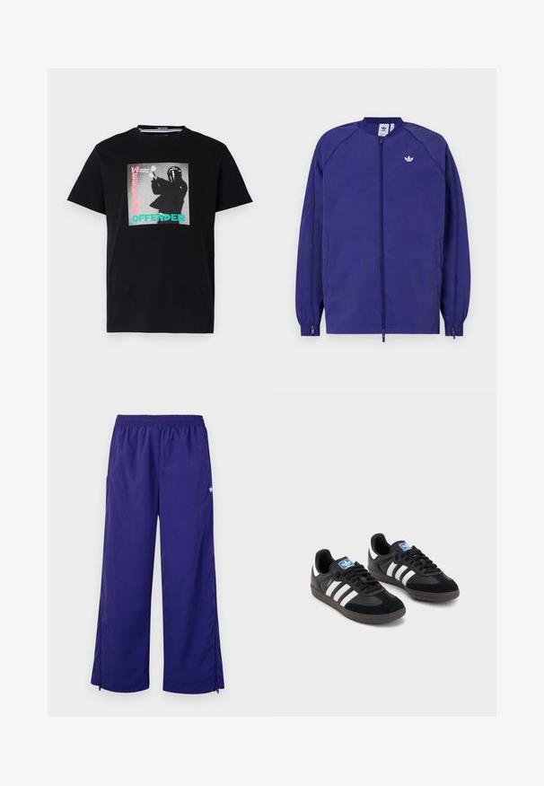 Lilla kerge jakk, millel on tõmblukk, elastsed mansetid ja väike valge logo rinnal. Sile tekstuur ja juhuslik disain.; Must musta T-särk mustast puuvillast, millel on graafiline trükk tekstiga "WEEKEND OFFENDER" ja "London Calling", rõhutatud türkiissinise ja roosa värviga.; Lilacvärvi kerge spordipüksid elastse vöökaarega ja küljetõmblustega pahkluude juures. Sile tekstuur, millel on peen sära.; Mustad tossud, mille pealseks on seemisnahk ja sünteetilised materjalid, kolme valge triibuga, tekstureeritud kummitald ja sinine logo silt keele peal.