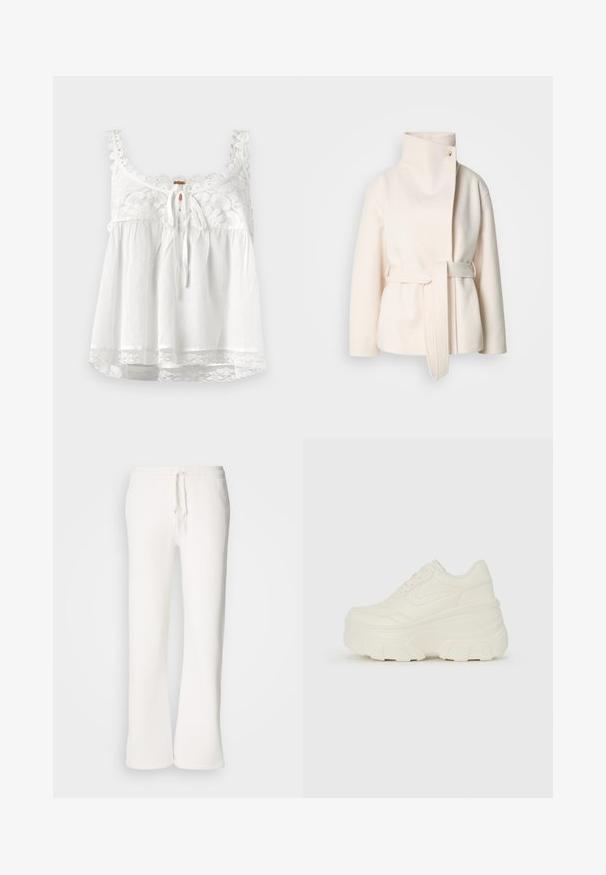 Abrigo de lana color crema, con un cuello alto, cinturón lateral y un cierre frontal diagonal con un solo botón. Textura suave, diseño minimalista.; Top sin mangas blanco con detalles de encaje en el escote y las tiras, cierre frontal con lazo y remate de encaje en el dobladillo. Tejido ligero.; Pantalones de chándal blancos de corte relajado, fabricados en una tela suave, con una cintura elástica y cordón ajustable, y diseño de pierna recta.; Zapatillas de plataforma blancas con un upper suave similar al cuero, forma redondeada, cuello acolchado y suela de goma texturizada con surcos definidos.