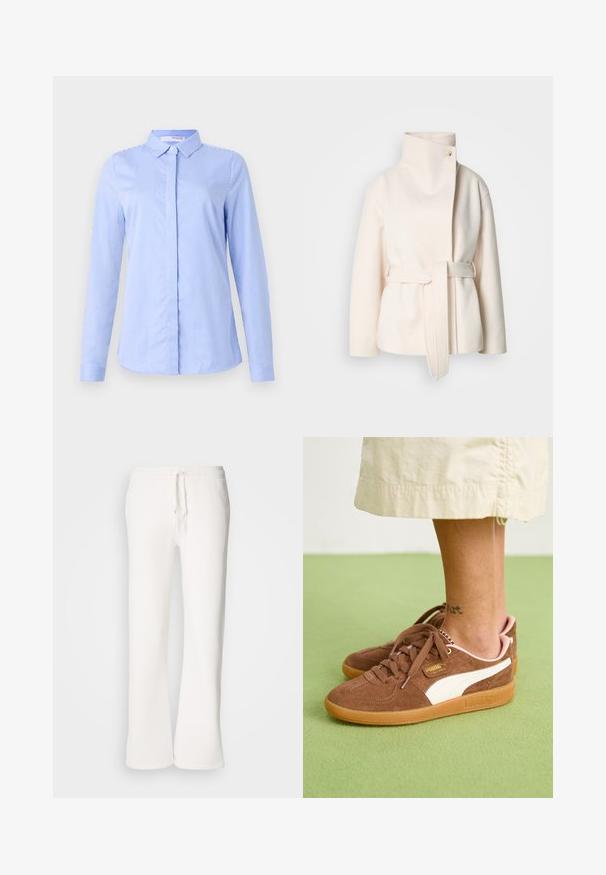 Tejfehér gyapjúkabát, magas gallérral, oldalsó övvel és diagonalisan záródó elülső részen egy gombbal. Puha tapintás, minimalista dizájn.; Kék és fehér csíkos, hosszú ujjú ing gallérral, sima szövettextúrával és ívelt aljjal.; Fehér, laza szabású melegítőnadrág, puha anyagból készült, rugalmas derékkal és zsinórral, egyenes szárú kialakítással.; Barna velúr sportcipő fehér díszítéssel, gumitalppal és rózsaszín sarkal. A fűzők és a márkajelzés látható. Részben látható boka tetoválás.