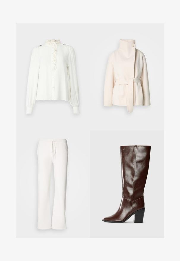 Crème-kleurige wollen jas, met een hoge kraag, een riem aan de zijkant en een diagonale sluiting aan de voorkant met een enkele knoop. Zachte textuur, minimalistisch ontwerp.; Witte blouse met lange mouwen en volants op de hoge hals, sluiting met knopen aan de voorkant en decoratieve accenten op de schouders. Gladde stof met een relaxte pasvorm.; Witte, relaxed-fit joggingbroek van zachte stof, met een elastische tailleband en een trekkoord, en een rechte pijp.; Hoge donkerbruine leren laars met een spitse neus en een gestapelde blokhak, vanuit de zijkant weergegeven op een effen achtergrond.