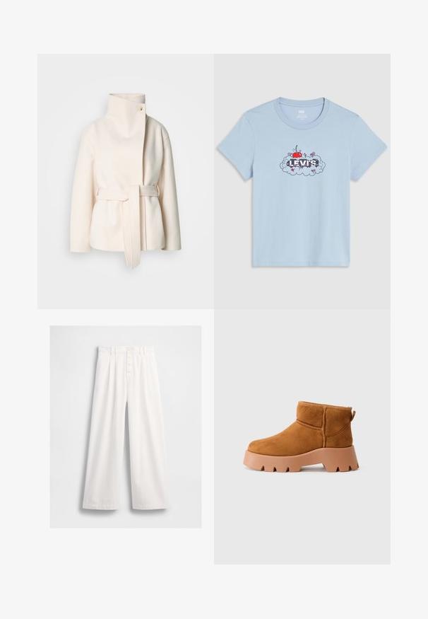 Krēmkrāsas vilnas mētelis ar augstu apkakli, sānu jostu un diagonālu priekšējo aizdari ar vienu pogu. Mīksta tekstūra, minimālists dizains.; Gai zila Levi's t-kreklā ar sarkanas ķiršu grafiku, maziem ziediem un mākoņiem ap zīmola nosaukumu baltām burtiem.; Baltas platleņu bikses, izgatavotas no gludas auduma, ar augstu jostu, redzamu priekšējo pogu aizdari un kārtīgām šuvēm gar malām.; Kreklu zamšveida potītes ar noapaļotu degunu, tekstūrētu brūnu zoli un vilkšanas cilpu. Piedāvā šuvju šuvumu un pamatīgu platformas dizainu.