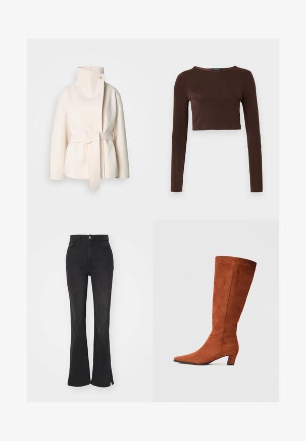 Cappotto di lana color crema, con colletto alto, cintura laterale e chiusura frontale diagonale con un solo bottone. Texture morbida, design minimal.; Top corto marrone a maniche lunghe realizzato in materiale liscio, con scollo rotondo e design aderente. Senza motivi o dettagli visibili.; Jeans neri a vita alta e svasati, con vita aderente, realizzati in denim, dotati di chiusura con bottone anteriore e spacco all'orlo.; Stivale marrone in suede alto fino al ginocchio con punta affusolata e tacco a blocco piccolo, caratterizzato da una superficie liscia e un design minimalista.
