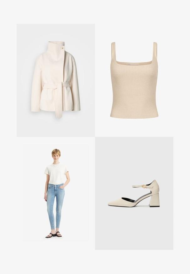 Krēmkrāsas vilnas mētelis ar augstu apkakli, sānu jostu un diagonālu priekšējo aizdari ar vienu pogu. Mīksta tekstūra, minimālists dizains.; Bežs ribots topiņš ar kvadrātveida kakla izgriezumu un plānām plecu siksnām, ar pieguļošu dizainu un maigu tekstūru. Redzama zīmola etikete.; Gai zilu šauri džinsi ar augstu jostasvietu, izgatavoti no denima, apvienoti ar krēmkrāsas kokvilnas T-kreklu un melnām siksnām čībām.; Beige mākslīgās ādas kurpes ar bloķētu papēdi, ar asu purngalu, potītes siksniņu un sīku krokodila tekstūru. Melna iekšējā oderējuma.