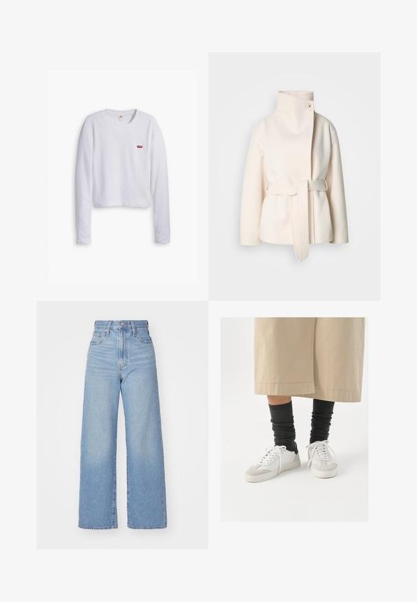 Kremowy wełniany płaszcz, z wysokim kołnierzem, bocznym paskiem i ukośnym zapięciem z jedynym guzikiem. Miękka tekstura, minimalistyczny design.; Biała koszulka z długimi rękawami wykonana z bawełny. Ma okrągły dekolt i małą czerwoną łatkę z logo Levi’s na lewej piersi.; Jasnoniebieskie jeansy z wysokim stanem i szerokimi nogawkami, z zapięciem na guziki i zamek z przodu, przednie i tylne kieszenie, na białym tle.; Białe i szare sneakersy z czarnym akcentem na pięcie, z gładką skórzaną cholewką i teksturowanym zamszowym noskiem. Noszone z ciemnoszarymi, opadającymi skarpetkami.