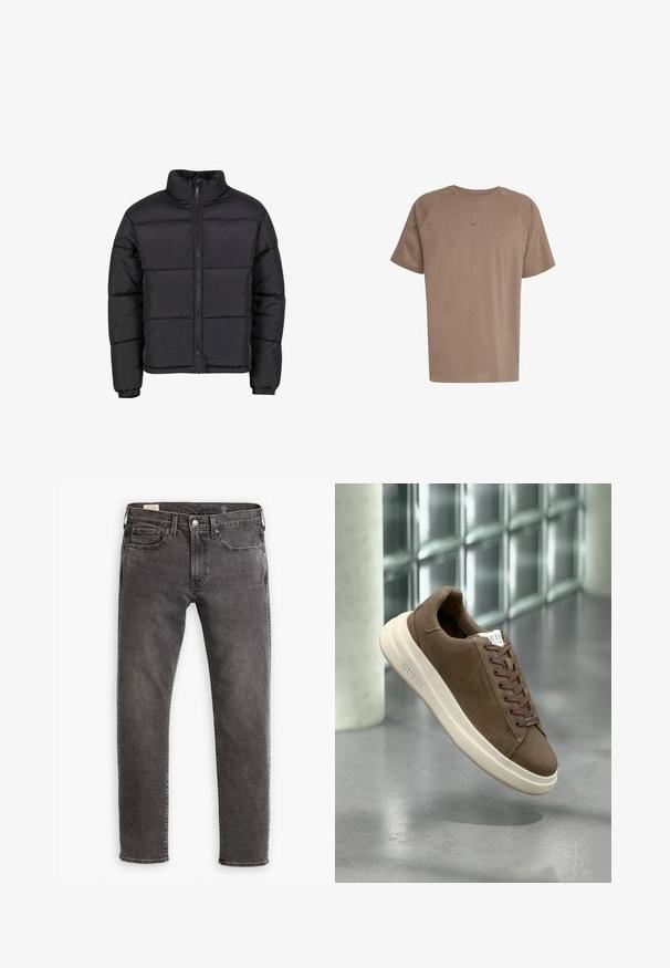 Črna puff jakna z visokim ovratnikom, sprednjim zadrgo in elastičnimi manšetami. Ima prešito zasnovo s horizontalnim šivom. Lahka material.; adidas Originals TEE - Navadna majica - earth strata; Sive traperice z ravnim krojem, pet žepnim dizajnom in gumbom na zapenjanju. Imajo subtilno postaran učinek in tonirano šivanje čez celo površino.; Bordo semišni športni copat s kremasto gumijasto podplatom, ravnimi vezalkami in logotipom na strani. Lahka zasnova in gladka tekstura.