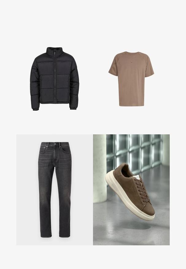 Geacă puf negre cu guler înalt, fermoar frontal și manșete elastice. Prezintă un design matlasat cu cusături orizontale. Material ușor.; adidas Originals TEE - Tricou basic - earth strata; Blugi din denim negri cu un design drept, având buzunare frontale, închidere cu buton și decolorare subtilă pe țesătură.; Tenisi din suede maro cu o talpă din cauciuc crem, șireturi plate și un logo pe lateral. Design ușor și textură netedă.