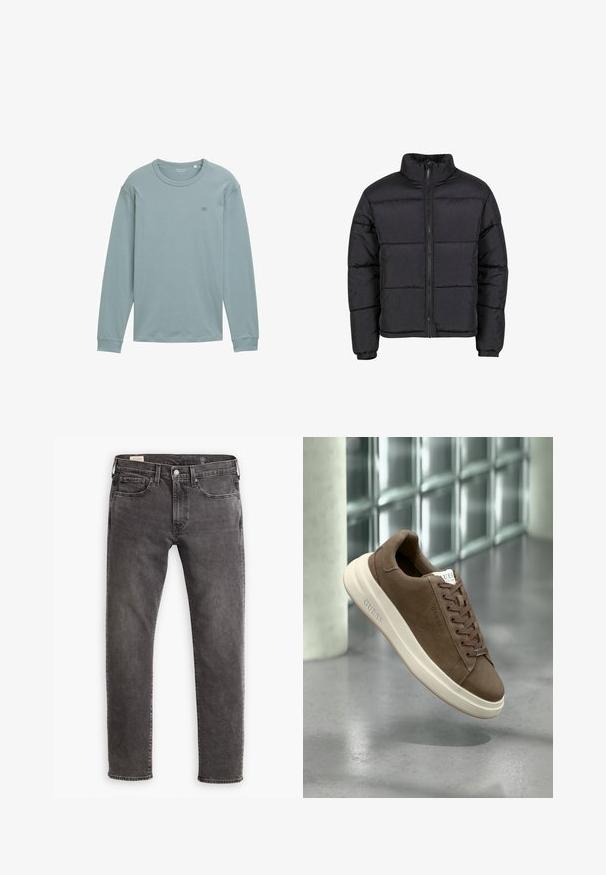 Juodas pūkinis švarkas su aukštu apykakle, priekiu užtraukiamas užtrauktuku ir elastingais rankogaliais. Yra kvaristuoto dizaino su horizontaliomis siūlėmis. Lengvas medžiaga.; Ilga rankovė marškiniai iš švelnaus, šviesiai mėlyno audinio. Turi apvalų iškirpimą, gumbuotus rankogalius ir mažą logotipą ant krūtinės. Lygus paviršius.; Pilki džinsai su tiesiu kirpimu, penkių kišenių dizainu ir mygtukų užsegimu. Yra švelniai nudilę ir toniniu siuvinėjimu visame gaminyje.; Rudi zomšinių sportbačių su kreminiu guminio pado, plokščiais raišteliais ir logotipu šone. Lengvas dizainas ir lygus paviršius.