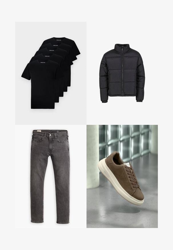 Fekete pufi dzseki magas gallérral, elülső cipzárral és rugalmas mandzsettával. Párnázott kialakítással, vízszintes varrással. Könnyű anyag.; Fekete pamut pólók, kerek nyakkivágással, egy halomban kiállítva. Minden pólón a "Selected" logo található a nyakkivágásnál.; Szürke farmernadrág egyenes szabással, öt zsebbel és gombos zárással. Finom fakulás és tónusos varrás jellemzi.; Barna nubuk sportcipő krémszínű gumitalppal, lapos fűzőkkel és logóval az oldalon. Könnyű kialakítás és sima textúra.