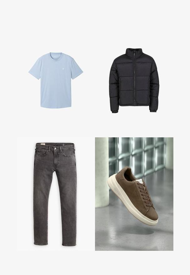 Juodas pūkinis švarkas su aukštu apykakle, priekiu užtraukiamas užtrauktuku ir elastingais rankogaliais. Yra kvaristuoto dizaino su horizontaliomis siūlėmis. Lengvas medžiaga.; Šviesiai mėlyna trumpomis rankovėmis marškinėliai, pagaminti iš minkštos medžiagos, su apvaliu iškirpimu ir mažu logotipu kairėje krūtinės pusėje. Paprasta tekstūra.; Pilki džinsai su tiesiu kirpimu, penkių kišenių dizainu ir mygtukų užsegimu. Yra švelniai nudilę ir toniniu siuvinėjimu visame gaminyje.; Rudi zomšinių sportbačių su kreminiu guminio pado, plokščiais raišteliais ir logotipu šone. Lengvas dizainas ir lygus paviršius.