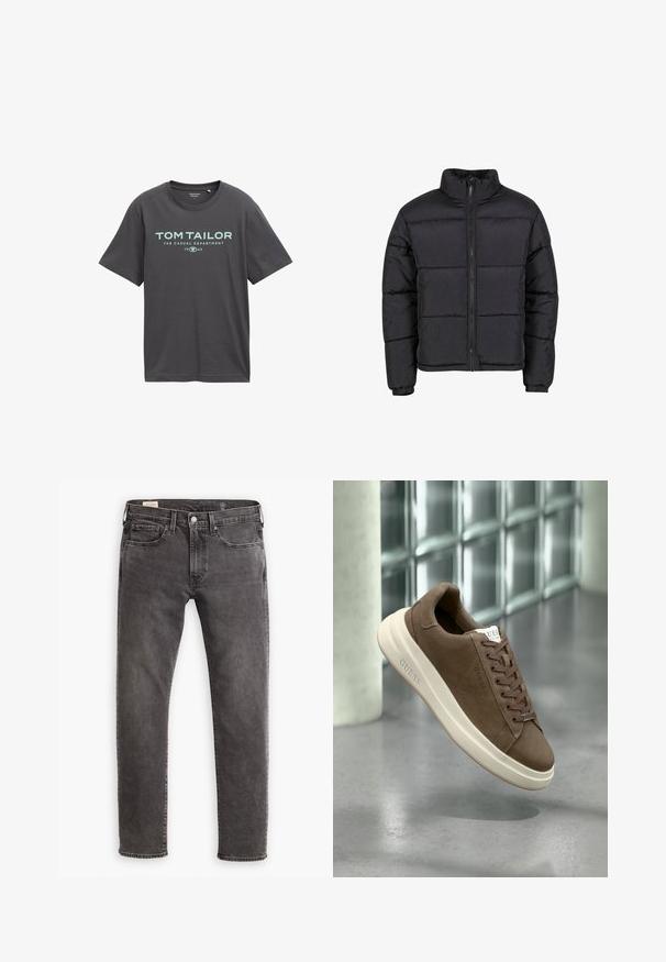 Czarna kurtka puchowa z wysokim kołnierzem, zamek błyskawiczny z przodu i elastycznymi mankietami. Posiada pikowany wzór z poziomymi szwami. Lekki materiał.; Czarna szara bawełniana koszulka z krótkim rękawem, okrągłym dekoltem oraz niebieskim nadrukiem z napisem "TOM TAILOR" i "THE CASUAL DEPARTMENT."; Szare dżinsy z prostym krojem, pięcioma kieszeniami i zapięciem na guzik. Posiadają delikatne przetarcia oraz tonalne przeszycia.; Brązowe zamszowe trampki z kremową gumową podeszwą, płaskimi sznurowadłami i logo z boku. Lekka konstrukcja i gładka faktura.