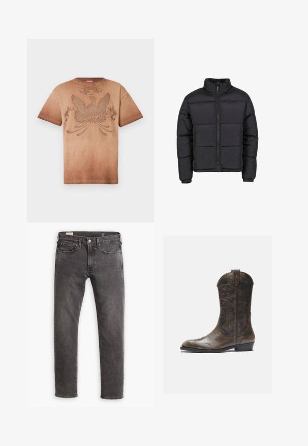 Černá péřová bunda s vysokým límcem, předním zipem a elastickými manžetami. Má prošívaný design s horizontálním švem. Lehký materiál.; Hnědé tričko s krátkým rukávem s velkým reliéfním motivem orla a nápisem "Diesel 1978" na přední straně, s vybledlým přechodovým efektem.; Šedé džíny z denimu se rovnými nohavicemi, designem s pěti kapsami a knoflíkovým zapínáním. Obsahují jemné vyblednutí a tonální prošívání po celém povrchu.; Hnědé kožené kovbojské boty s vysokým sálem, špičatou špičkou, složitými vyšívanými vzory a malým podpatkem. Texturovaný povrch po celé délce.