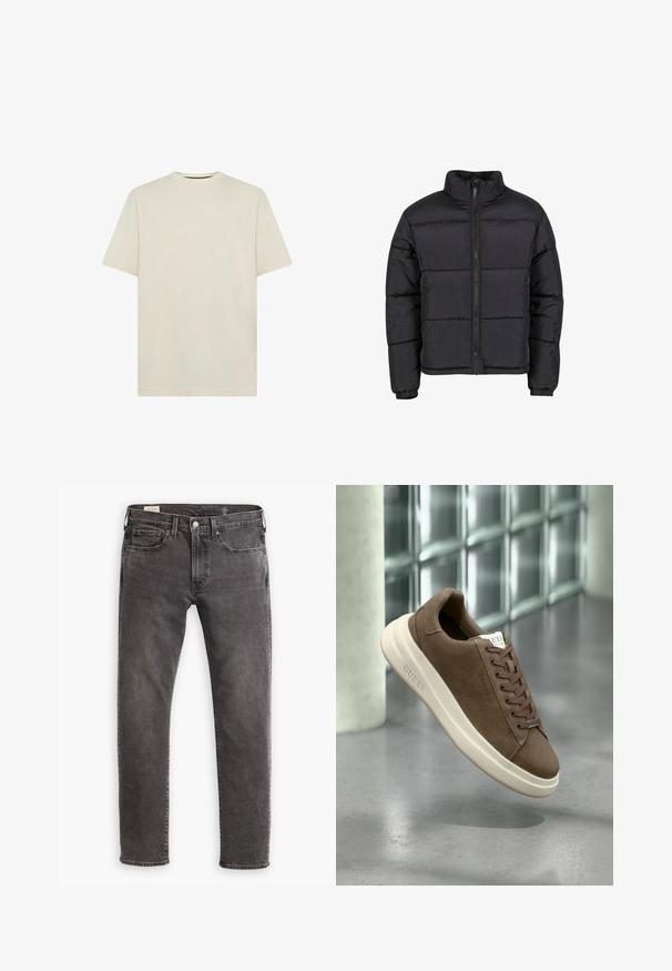 Mustvalge puffjakke kõrge kraega, esiseeliku ja elastsete mansettidega. Omab tikandiga kätetööd horisontaalsete õmblustega. Kerge materjal.; Hele beež puuvillane T-särk klassikalise ümarakaelusega ja lühikeste varrukatega. Lihtne, kaunistusteta disain. Pehme tekstuur, normaalne lõige.; Hallid hallid teksad sirge lõikega, viie tasku kujunduse ja nupuvajutusega. Omab peent tuhmumist ja toon-toonis õmblemist üle kogu.; Pruun seemne nahast spordijalats, millel on kreemivärvi kummitald, lamedad paelad ja logo külgedel. Kerge disain ja sile tekstuur.