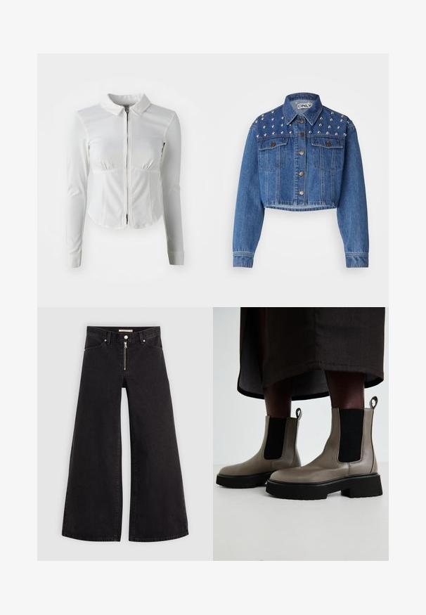 Apsipjaustyta džinsinė striukė vidutinio mėlynumo, su sidabriniais smeigais ant pečių, metaliniu užtrauktuku ir dviem priekinėmis kišenėmis. Lygus paviršius.; Balta zip-up striukė ilgomis rankovėmis, su apykakle ir prigludusia konstrukcija. Lygi medžiaga su susiraukšlėjimais krūtinės ir liemens srityje.; Plačios kojų džinsai iš juodo džinsinio audinio su užtrauktuku priekyje, penkių kišenių dizainu ir subtiliais siuvinėjimo akcentais. Lygus paviršius ir laisvalaikio stilius.; Pilkas kulkšninis batus, pagamintus iš tekstūruotos odos, su elastingomis šoninėmis panelėmis ir masyviu juodu padu. Yra užtrauktukai, skirti lengvam vilkimo procesui.