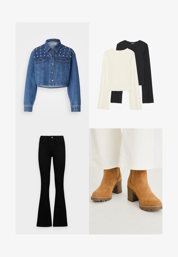 Gekürzte Jeansjacke in Mittelblau, mit silbernen Nieten auf den Schultern, metallischem Knopfverschluss und zwei Vorderaschen. Glatte Textur.; Set aus zwei Langarmoberteilen in Weiß und Schwarz. Rippstruktur, Rundhalsausschnitt, figurbetontes Design mit leicht ausgestellten Ärmeln.; Schwarze hochtaillierte Jeans mit einem Knopf- und Reißverschluss, Fronttaschen und ausgestellten Beinen, flach auf einem weißen Hintergrund ausgelegt.; Helle Wildleder-Ankle Boots mit einem dickem Blockabsatz, ausgestattet mit elastischen Seitenpaneelen und einer robusten Sohle für besseren Halt. Texturiertes Obermaterial mit Nähdetails.