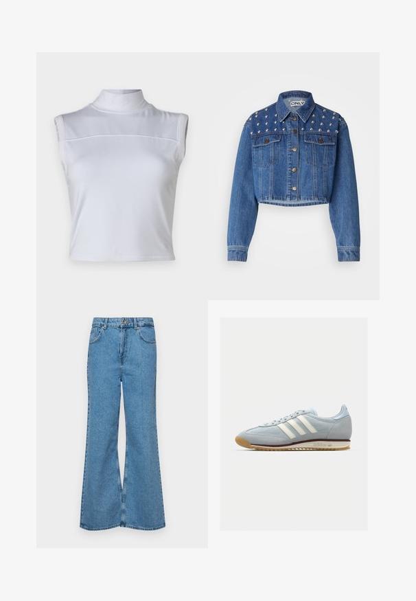Korte spijkerjas in mid-blue, met zilveren studs op de schouders, metalen knoopsluiting en twee voorzakken. Gladde textuur.; Witte mouwloze top met een hoge nek, een gladde textuur en een cropped ontwerp. Heeft een horizontale naad over de borst.; Lichtblauwe flared jeans van denim, met een hoge taille, vijf zakken en een enkele knoopsluiting. Zachte textuur met een vervaagde afwerking.; Lichtblauwe suède sneakers met witte drie streepen, rubberen zool en textuur-mesh. Voorzien van een gladde neuskap en branding op de hak.