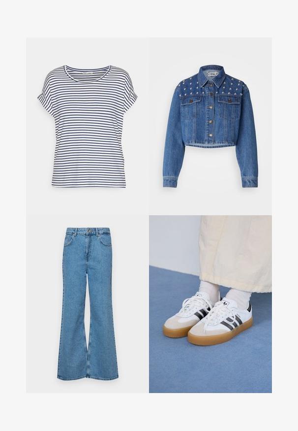 Cropped denim jacket in medium blue, featuring silver studs on shoulders, metal button closure, and two front pockets. Smooth texture.; Striped short-sleeve T-shirt in white and navy, featuring a round neckline and relaxed fit, made from soft cotton fabric.; Light blue flared jeans made of denim, featuring a high waist, five pockets, and a single button closure. Soft texture with faded finish.; White sneakers with black stripes and beige suede accents. Feature a textured gum sole and flat white laces, worn with light-colored socks.