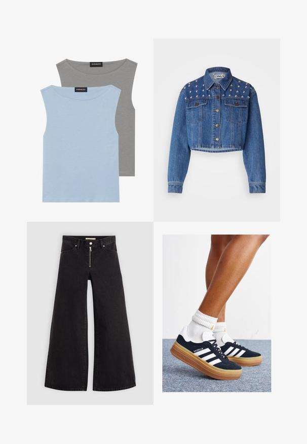 Lyhennetty farkkutakki keskikokoisessa sinisessä, jossa on hopeiset niitit olkapäillä, metallinen nappikiinnitys ja kaksi etutaskua. Sileä pinta.; Kaksi ilman hihoja olevaa puseroa vaaleansinisessä ja harmaassa värissä. Valmistettu pehmeästä kankaasta, jossa on pyöreä pääntie ja suora helma. Tagi näkyvissä kummassakin puserossa.; Mustat leveälahkeiset farkut, joissa on vetoketjufrunti, viisi-taskuinen muotoilu ja hienovaraiset ompelusyyt. Sileä pinta ja rento tyyli.; Musta mokkanahkainen tennari, jossa valkoiset raidat ja yksityiskohdat, pyöreä kärki, purukumipohja, yhdistetty valkoisiin ribbineuleisiin nilkkasukkiin.