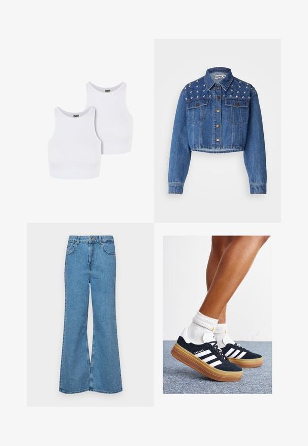 Strihaná denimová bunda v stredne modrej farbe, s striebornými cvokmi na pleciach, kovovým zapínaním na gombík a dvoma prednými vreckami. Hladká textúra.; Dvoje bielych bavlnených crop topov s ribkovanou textúrou, okrúhlym výstrihom a bezrukávovým dizajnom. Na štítkoch je nápis "URBAN CLASSICS."; Svetlomodré rozšírené džínsy vyrobené z denimu, s vysokým pásom, piatimi vreckami a jednopoložkovým zapínaním na gombík. Mäkká textúra s vyblednutým povrchom.; Čierne semišové tenisky s bielymi pruhmi a detailmi, so zaoblenou špičkou, podrážkou z gumovej gumy, doplnené bielymi rebrovanými ponožkami.
