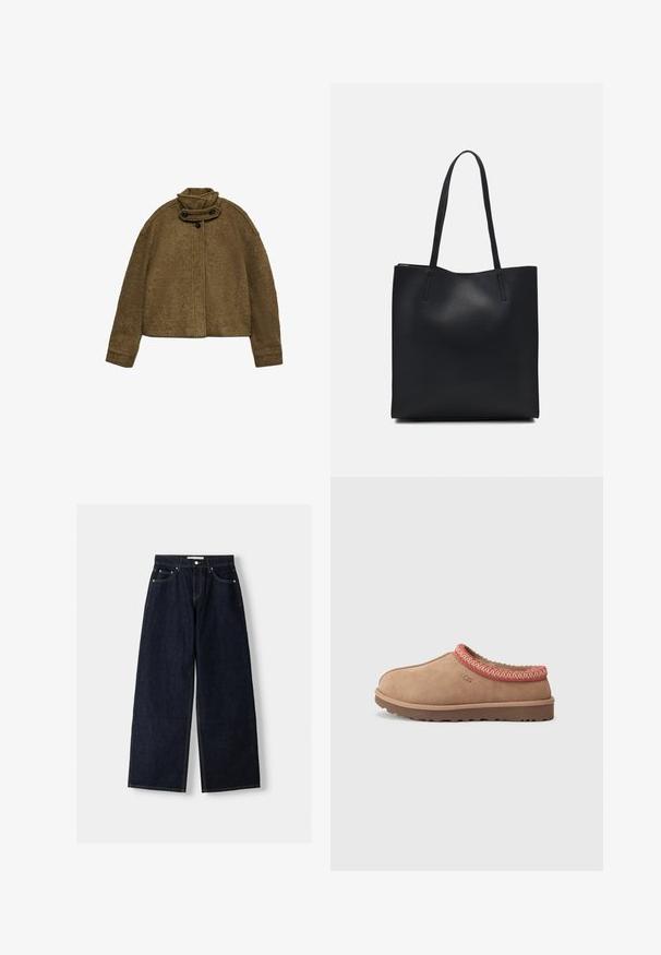 Olivgrüner, gekürzter Janker aus strukturiertem Stoff, mit einem hohen Kragen und Doppelknopfverschluss am Hals. Weite Ärmel.; Brauner Strickpullover mit hohem Rippkragen, weiten Ärmeln und weicher Textur. Verfügt über eine lockere Passform und Rippdetails an den Ärmeln.; Dunkelblaue, weite Jeans mit hoher Taille, fünf Taschen, Kontrastnähten und silbernem Metallzubehör. Glatte Textur und saubere Verarbeitung.; UGG TASMAN II - Pantolette flach - rocky oak; Schwarze Laptoptasche aus Leder mit glatter Textur, rechteckiger Form und zwei langen Griffen. Keine sichtbaren Beschläge oder Verzierungen.