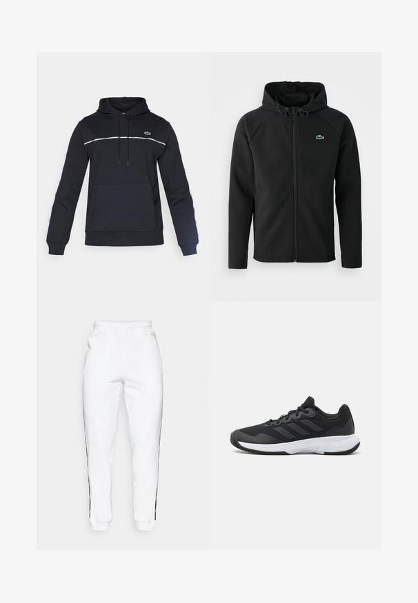 Casaco com capuz preto, feito de tecido macio e elástico. Apresenta um fecho éclair frontal, bolsos laterais e um pequeno logótipo verde da Lacoste no peito.; Manta preta com um bolso canguru, faixa de destaque branca na parte superior do peito e logótipo bordado no lado esquerdo. Tecido macio, mangas longas.; Calças de treino brancas com cintura elástica, apresentando riscas pretas nas laterais e punhos. Feitas de um tecido suave com uma textura lisa.; Sapatilha atlética preta com um upper texturizado, três riscas horizontais e uma sola branca com um padrão de piso. Design leve e aerodinâmico.